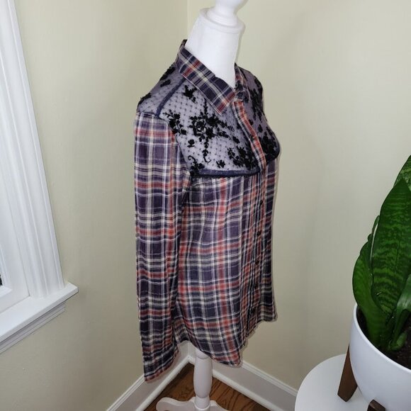 Free People Floral Lace Insert Plaid Cotton Top Long Sleeve Women's Size S - Picture 7 of 13